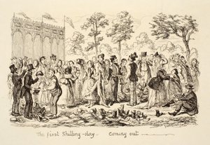 İlk Şilin Günü - Dışarı çıkıyor, pub. 1851 by George Cruikshank